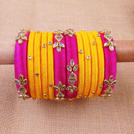 Traditional Silk Thread Bangles : Dark pink with Yellow combo (kids size available)