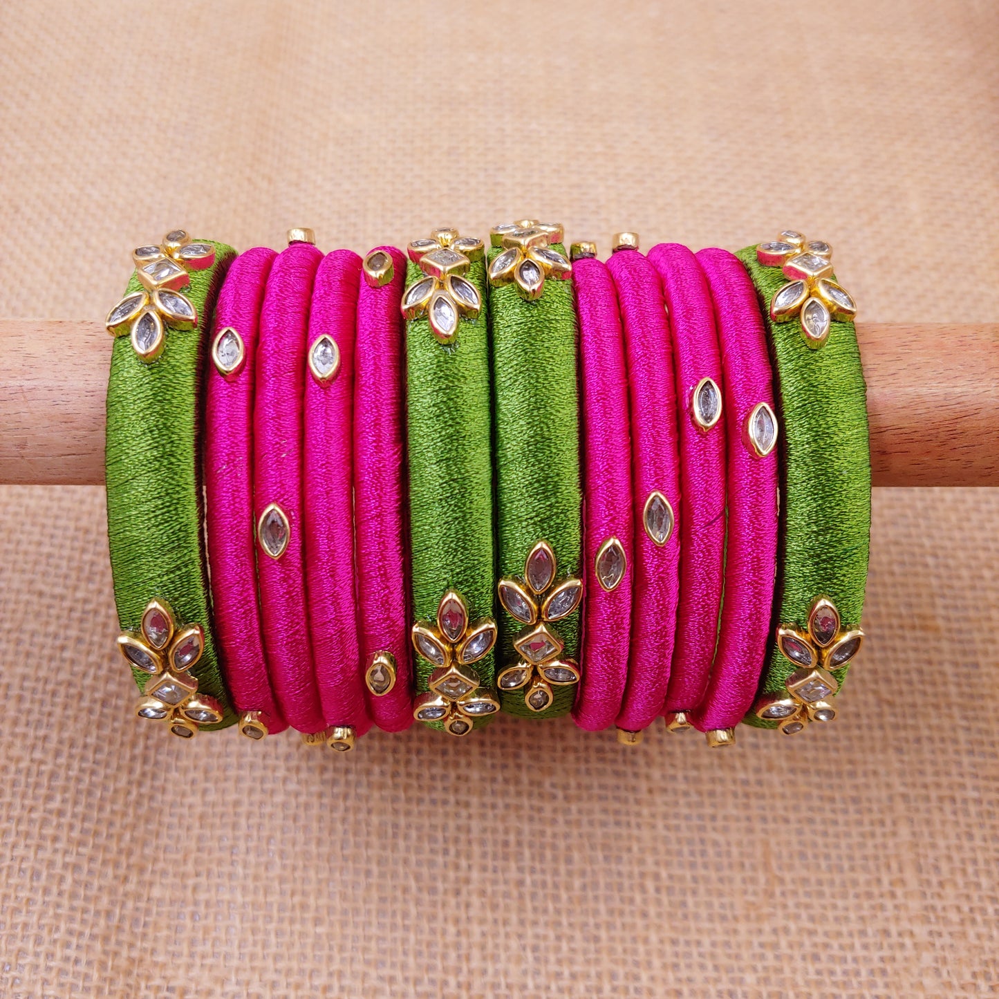 Traditional Silk Thread Bangles : Green with Pink combo (kids size available)