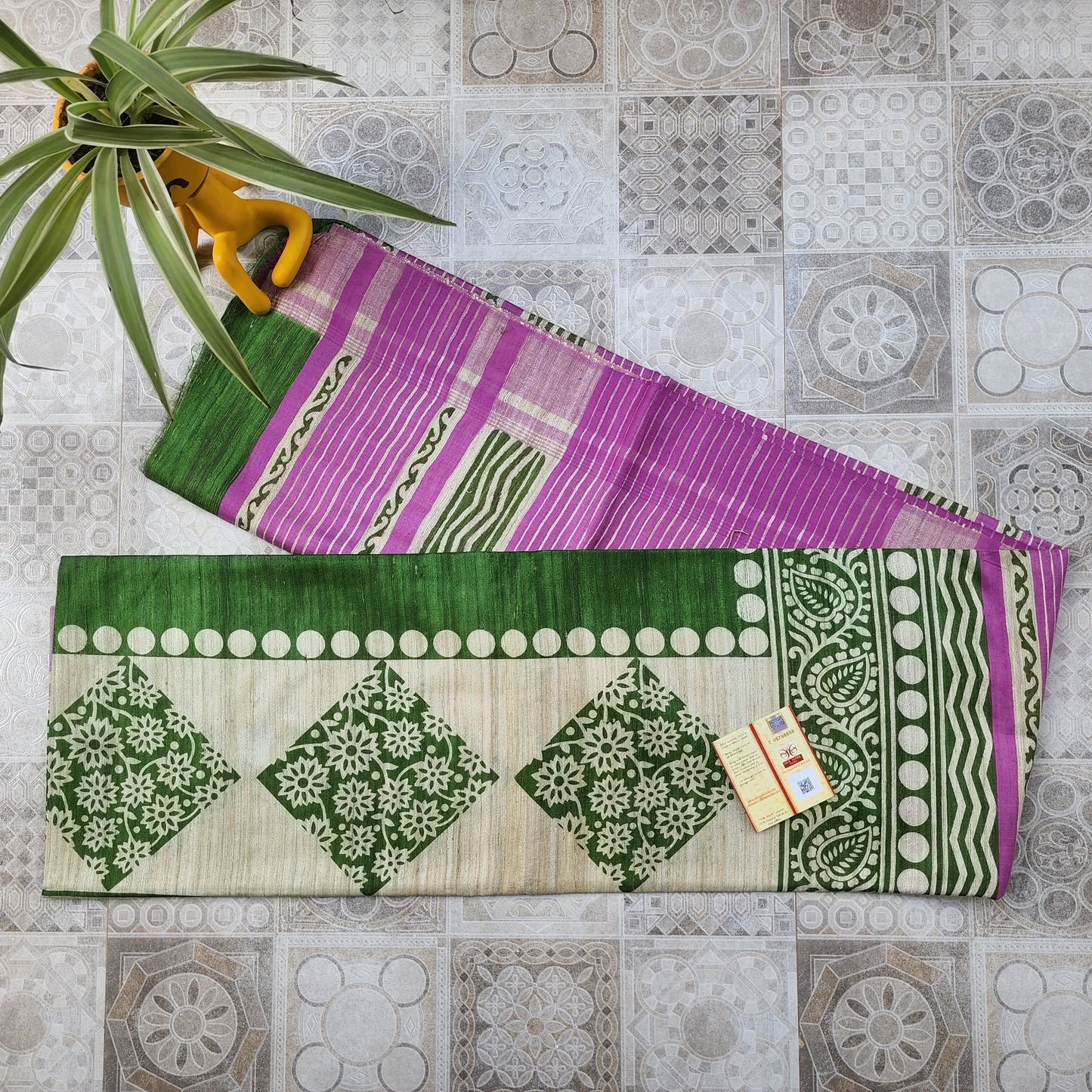 Green with Pink Pure Tussar Gicha Silk Saree