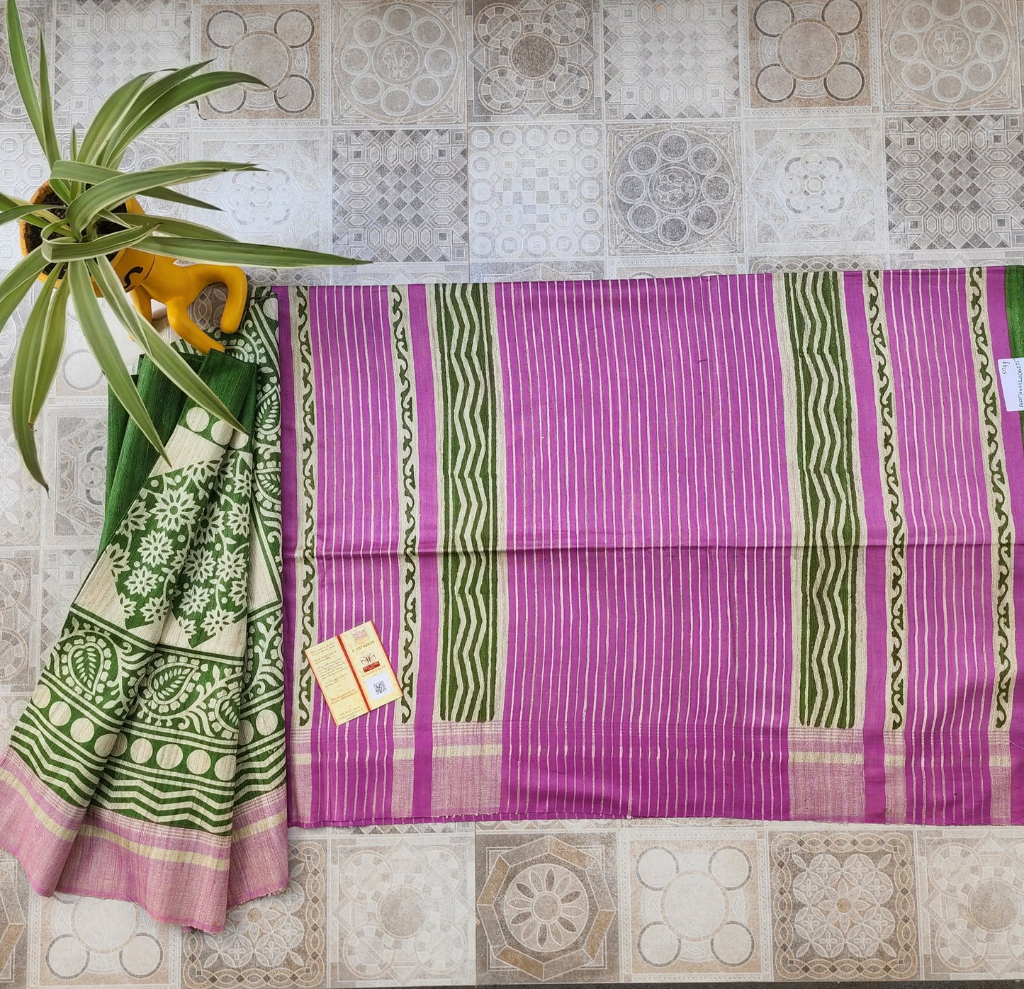 Green with Pink Pure Tussar Gicha Silk Saree