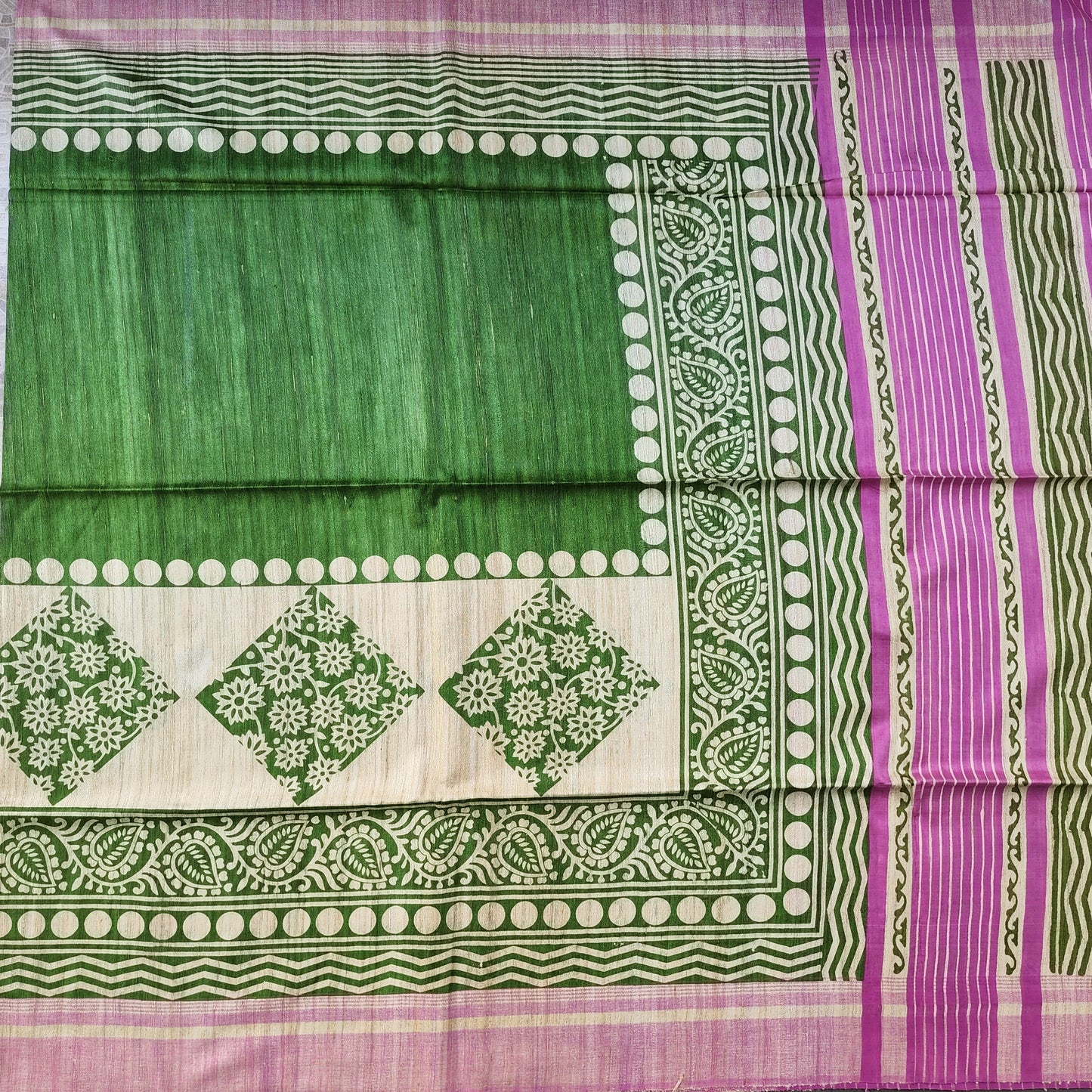 Green with Pink Pure Tussar Gicha Silk Saree