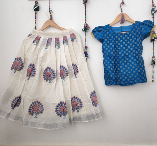 Cotton embroided Lehenga with blue banarasi top for 9 to 11 years
