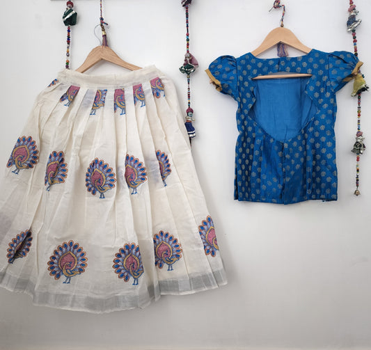 Cotton embroided Lehenga with blue banarasi top for 9 to 11 years