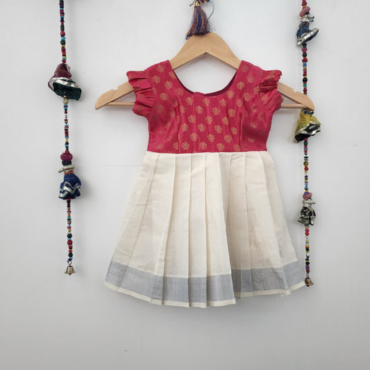 Kasavu cotton frock for 9 to 12 months : pinkish Red with cream frills