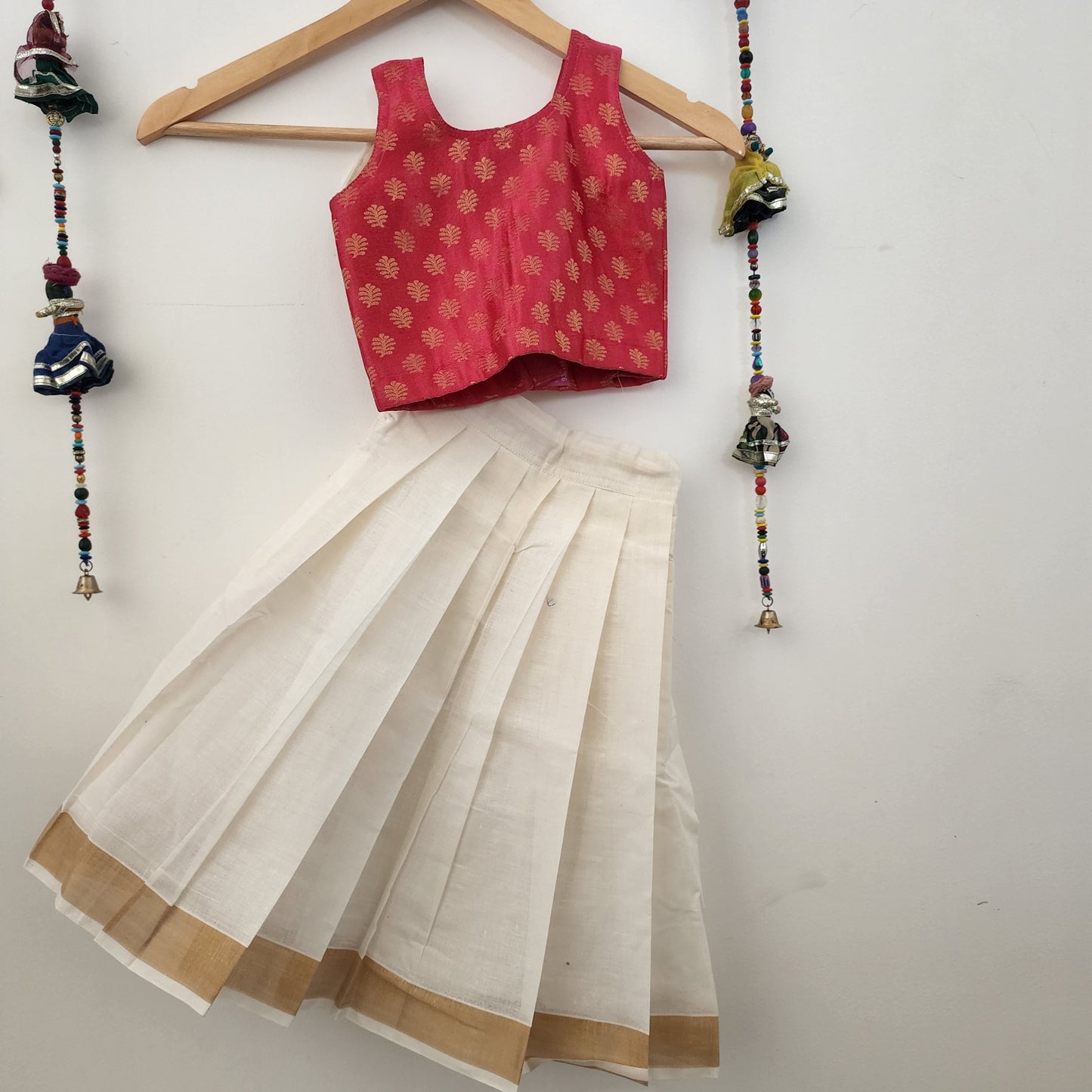 Cotton Lehenga with pinkish red banarasi top for 3 to 9 months