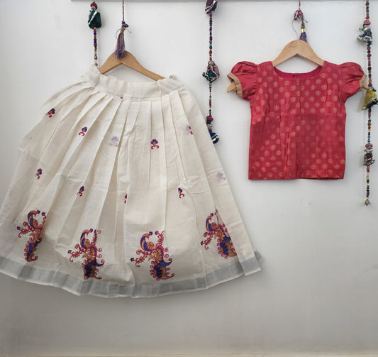 Peacock embroidery Lehenga with banarasi top : Reddish pink - 6 to 8 years