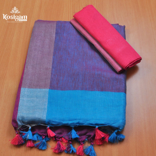 Sky blue linen saree with dark pink pallu
