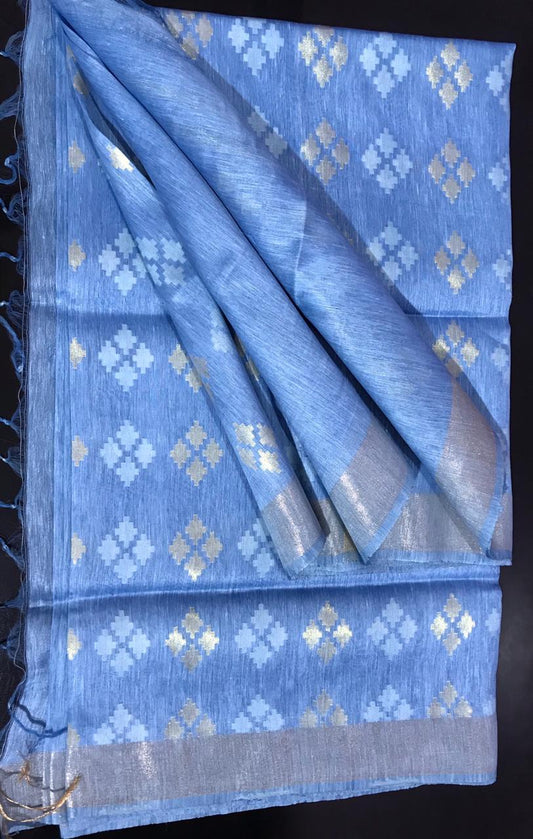 Pure linen with design  - Blue