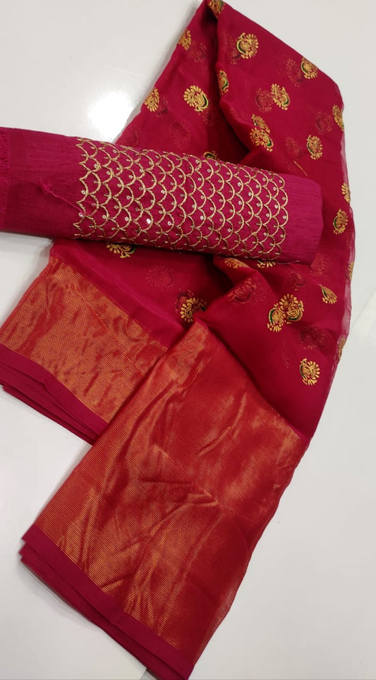 Marble shiffon brasso saree with sequins zari work blouse