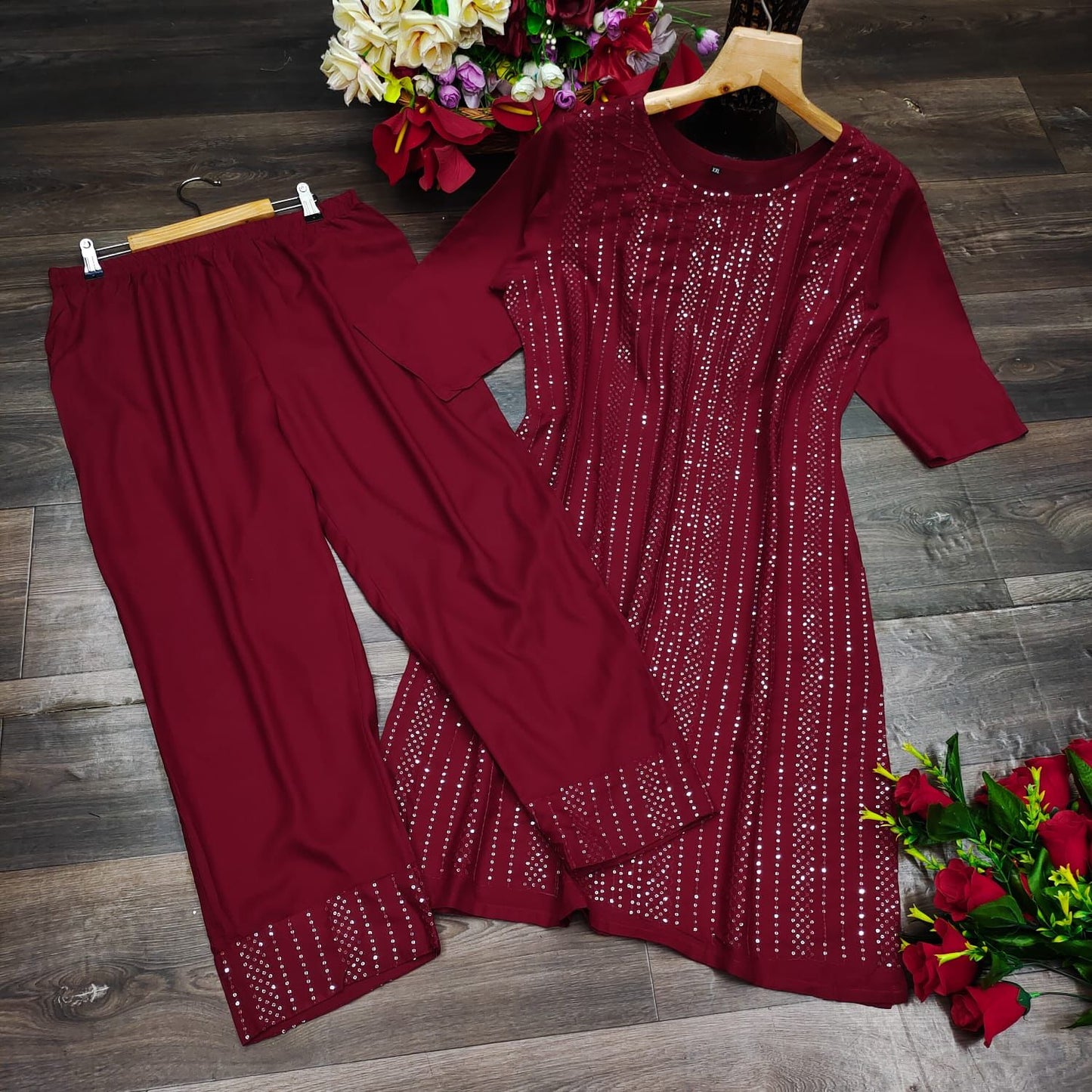 Maroon pure rayon fabric kurti and bottom with sequins work