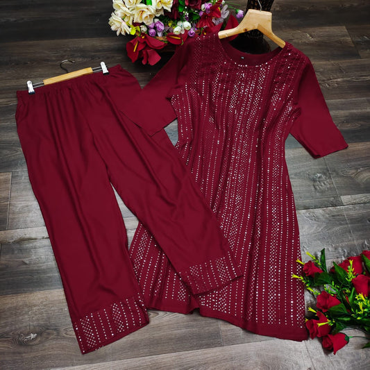 Maroon pure rayon fabric kurti and bottom with sequins work