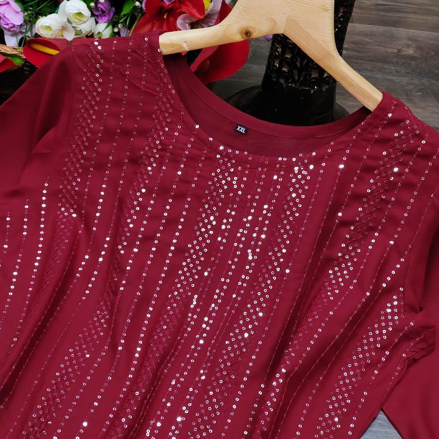 Maroon pure rayon fabric kurti and bottom with sequins work