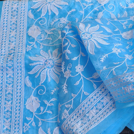 Sky blue organza saree with chikkankari floral work