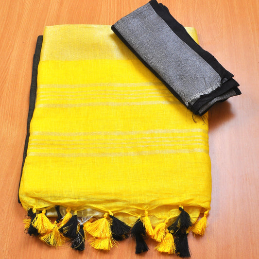 Yellow with black linen saree