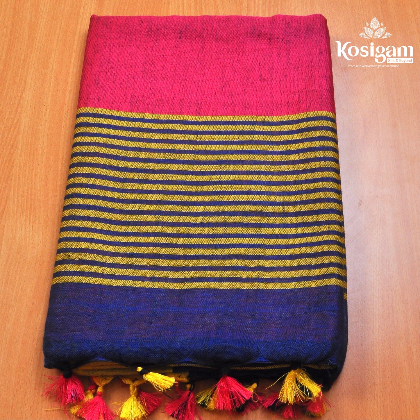 Navy blue linen saree with magenta blouse