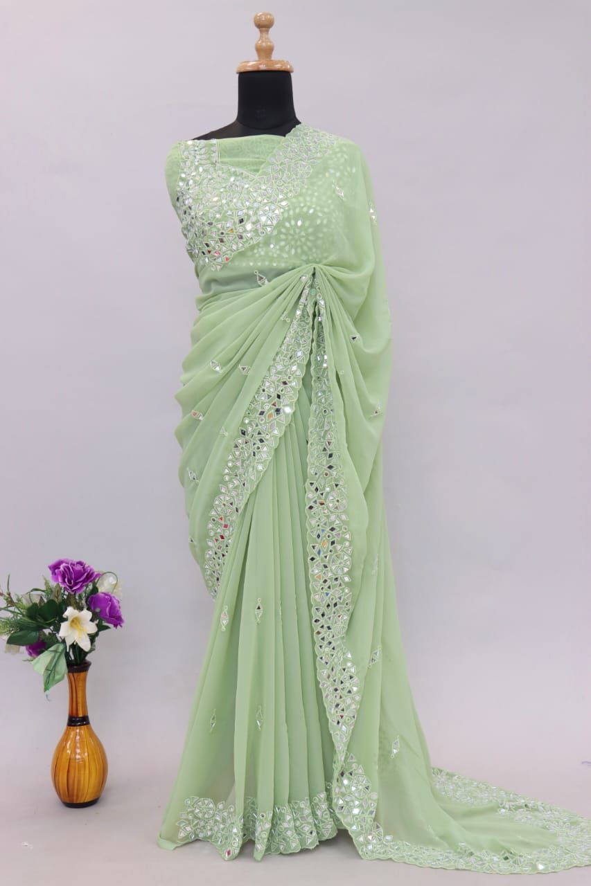 V Vervee Couture- Women's Saree Pastel Green/Mythic Green Handwork  Georgette Saree| Saree/Sari for Women | Slim Fit Appearance