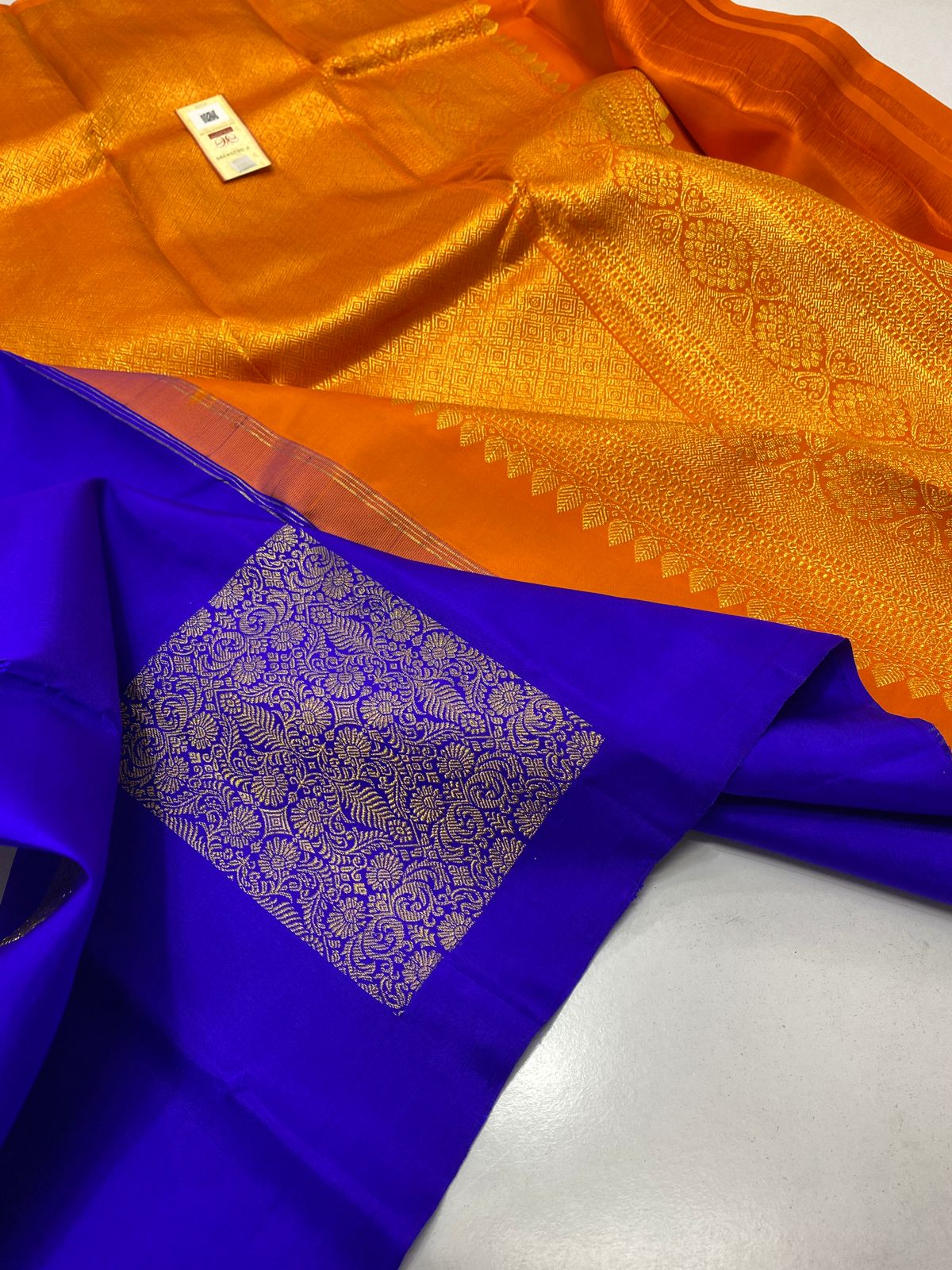 Blue and Orange pure kanchipuram traditional silk handloom saree