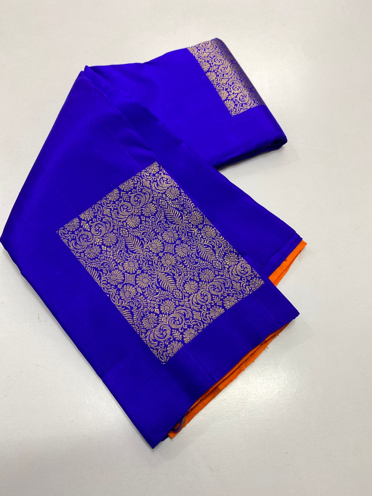 Blue and Orange pure kanchipuram traditional silk handloom saree