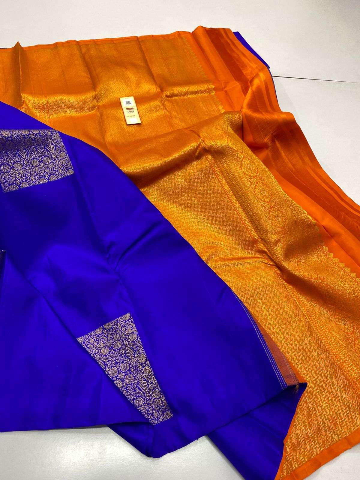 Blue and Orange pure kanchipuram traditional silk handloom saree