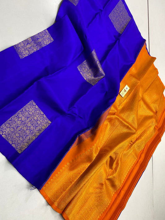 Blue and Orange pure kanchipuram traditional silk handloom saree