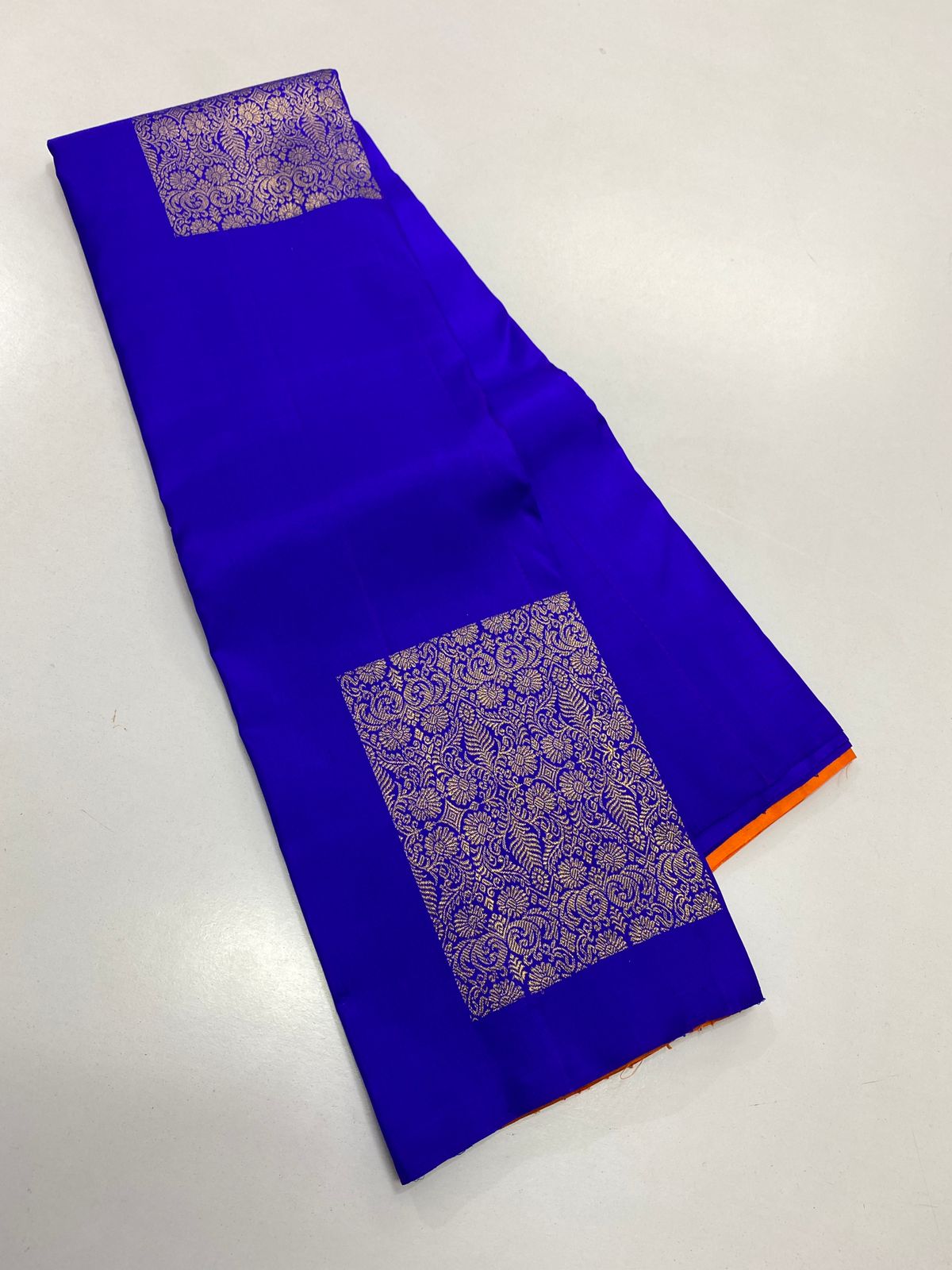 Blue and Orange pure kanchipuram traditional silk handloom saree