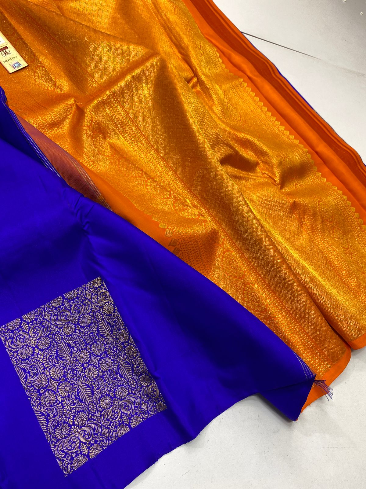 Blue and Orange pure kanchipuram traditional silk handloom saree