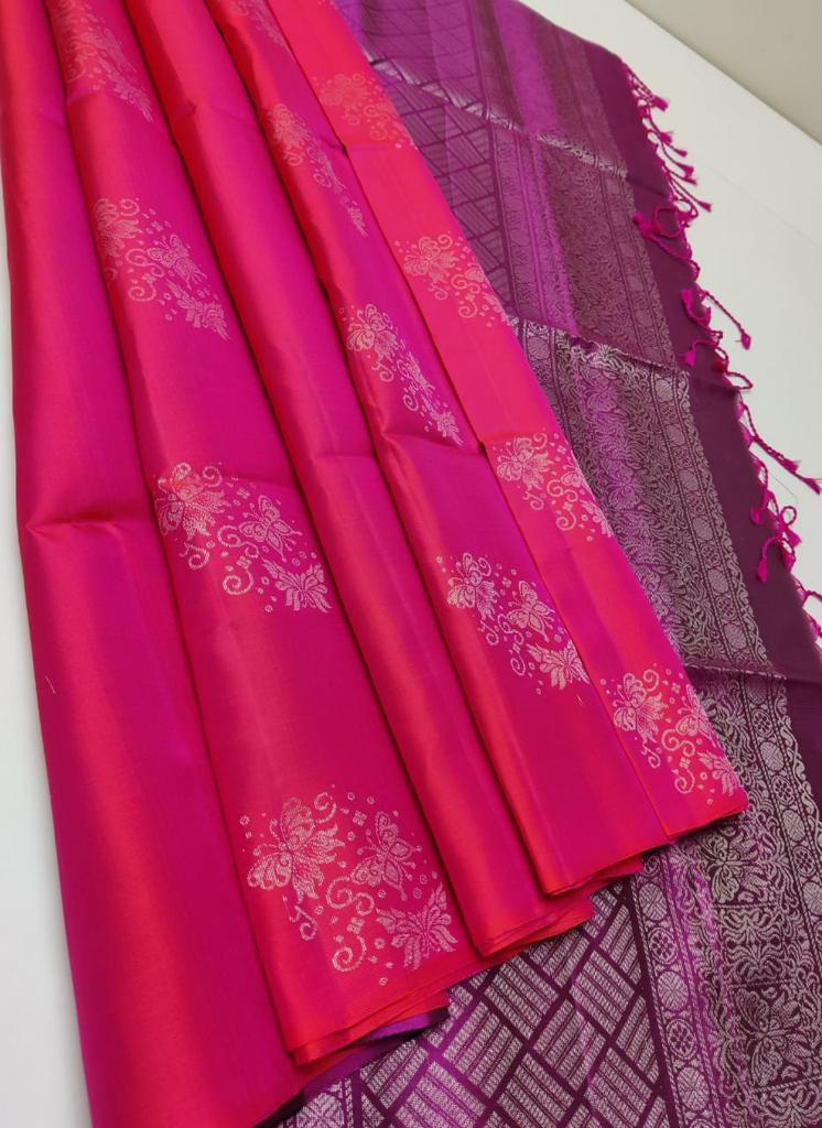 Pretty Pink with Purple pure Kanchipuram silk saree unique design