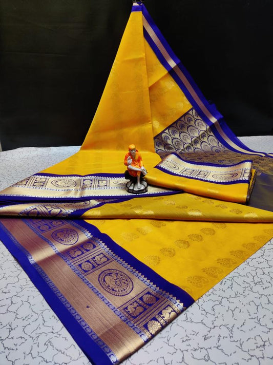 Yellow with Blue Uppada Rich Silk Cotton Korvai Kottanji Saree
