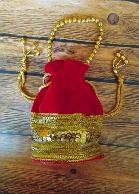 Red Potli with golden sequins and beads work