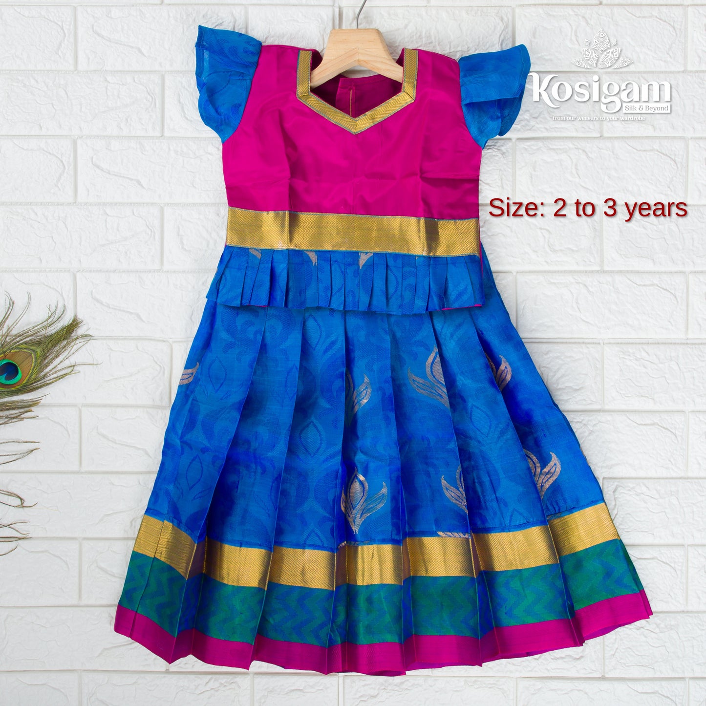 Pure silk blue with reddish pink pattu pavadai 2 to 3 years