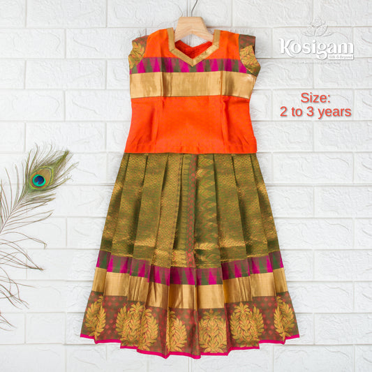 Pure silk Green with Orange kids pattu pavadai : 2 to 3 years