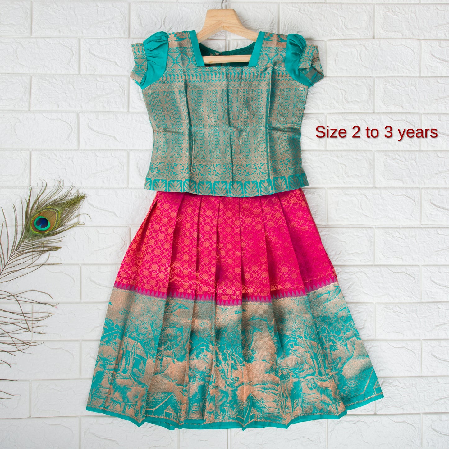 Pure silk Red with Sea Blue kids pattu pavadai : 2 to 3 years