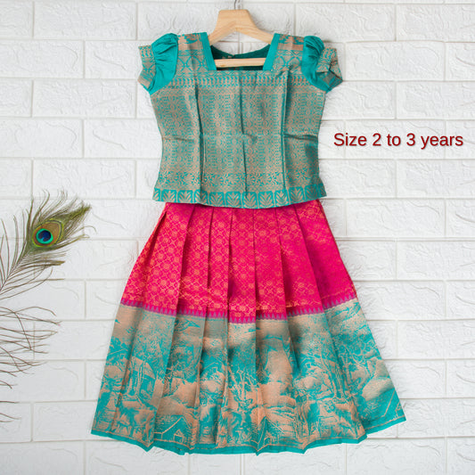 Pure silk Red with Sea Blue kids pattu pavadai : 2 to 3 years