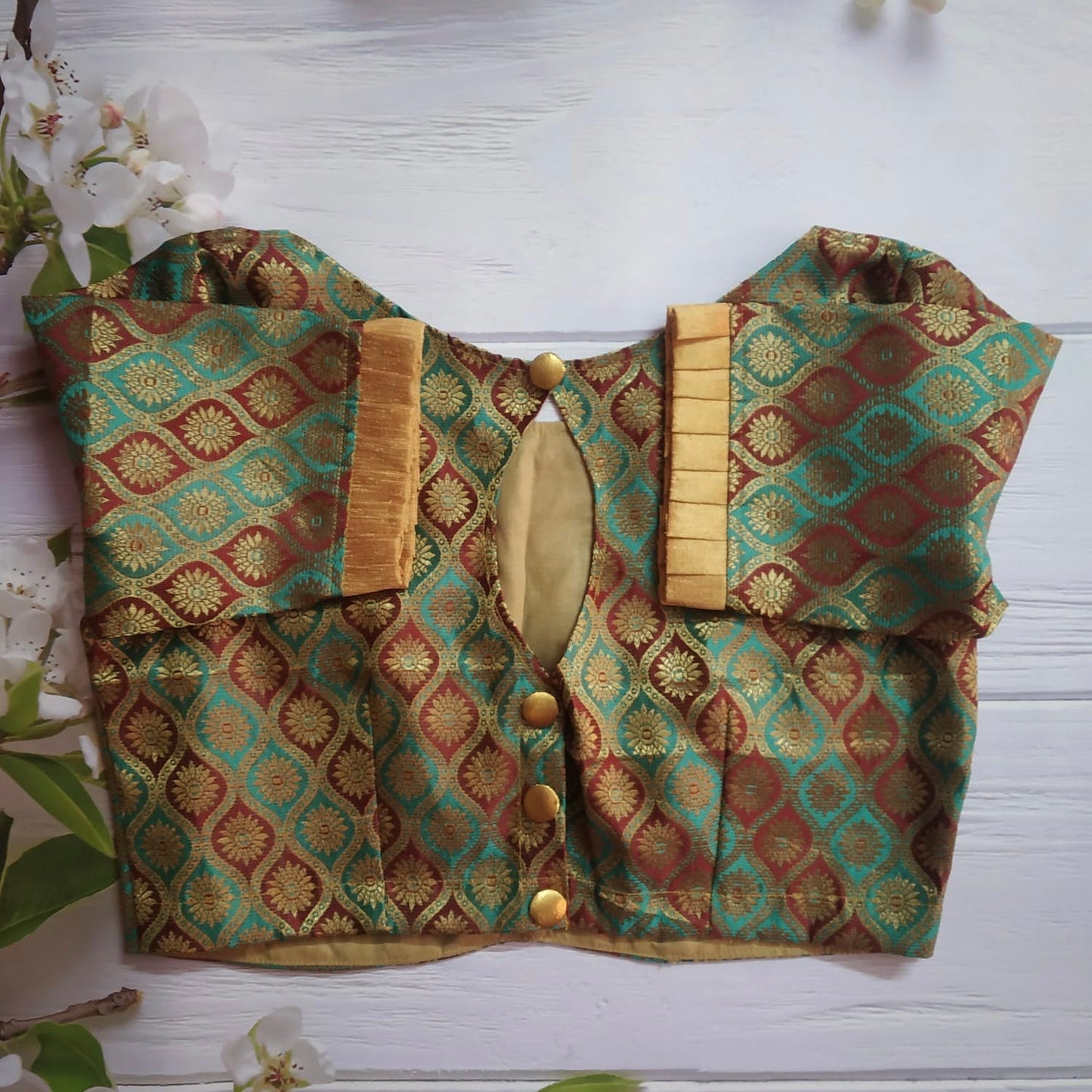 Golden Jacquard Readymade Blouse ( Size 36 with alterable margin up to 40)