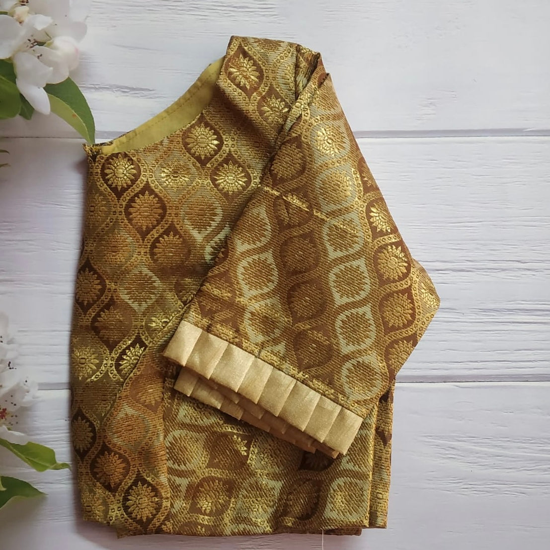 Golden Jacquard Readymade Blouse ( Size 36 with alterable margin up to 40)