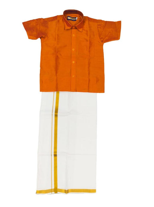 Age 10 Boys ethnic shirt and velcro dhoti set 
Color : Orange