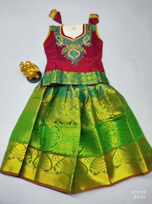 Age 1 Girls ethnic pattu pavadai set : Parrot green skirt with Maroon blouse