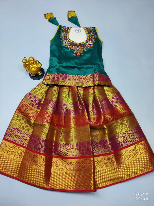 Age 1 Girls ethnic pattu pavadai set : Brown skirt with dark green blouse