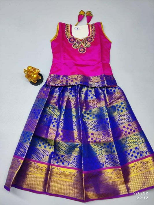 Age 2 Girls ethnic pattu pavadai set : Blue skirt with Pink blouse