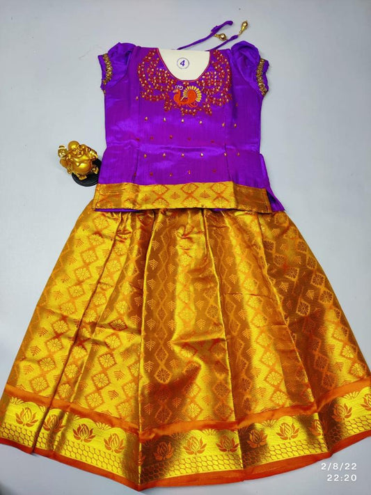 Age 4 Girls ethnic pattu pavadai set : Gold skirt with purple blouse