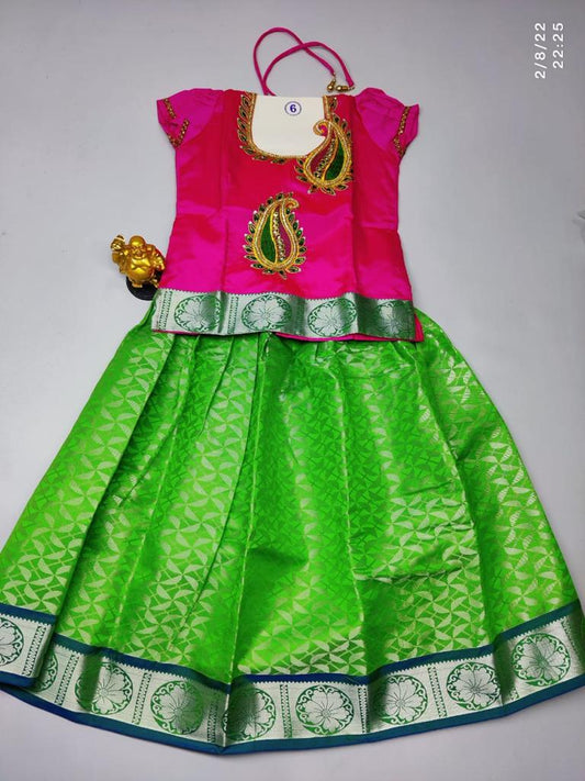 Age 6 Girls ethnic pattu pavadai set : Parrot Green skirt with Dark pink blouse