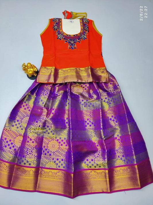 Age 6 Girls ethnic pattu pavadai set : Purple skirt with Orange blouse