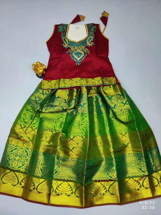 Age 7 Girls ethnic pattu pavadai set : Green skirt with maroon blouse