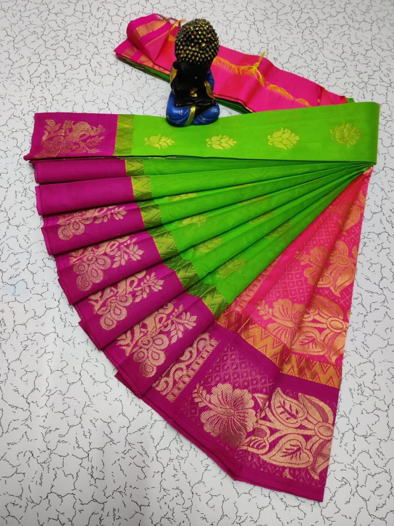 Parrot green with pink silk cotton saree