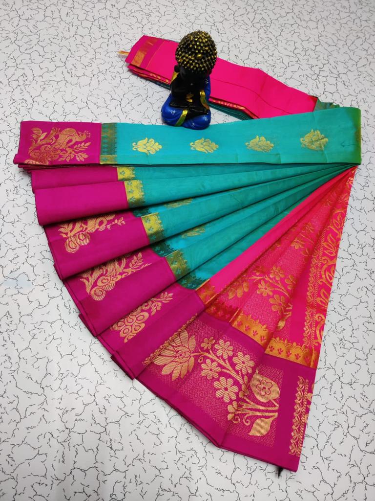 Green with pink silk cotton saree