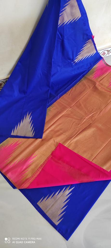 NEW ARRIVALS : Blue with Pink Semi Kuppadam soft silk saree