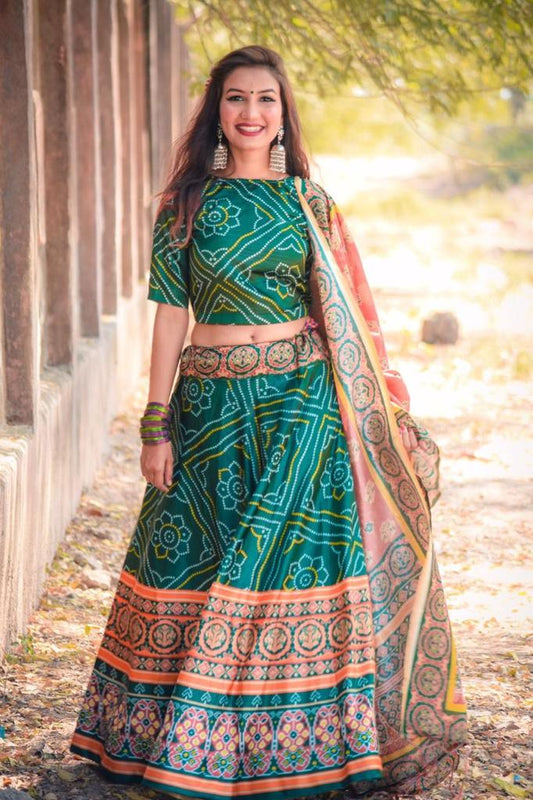 Lehenga : Bottle green rera silk designer party special patola lehenga choli