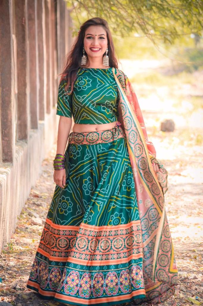 Lehenga : Bottle green rera silk designer party special patola lehenga choli