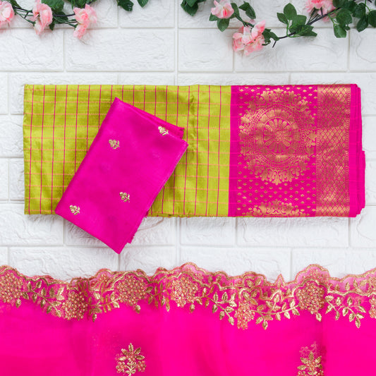 Half Saree - lemon green with pink soft silk lehenga, blouse and dhupatta along with cutwork & piping