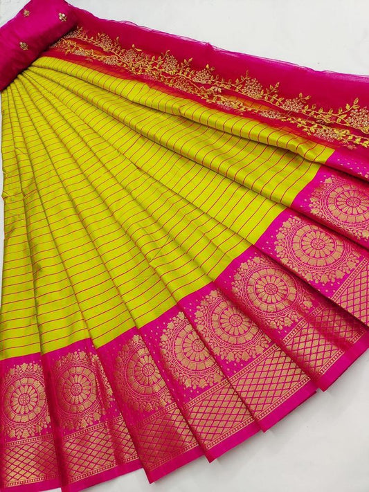 Half Saree - lemon green with pink soft silk lehenga, blouse and dhupatta along with cutwork & piping